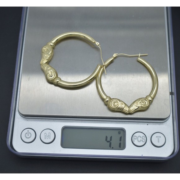 Real 10K Yellow Solid Gold 40.3mm Shiny Double Rams Head Hoop Earrings 4.1 grams - Picture 4 of 6